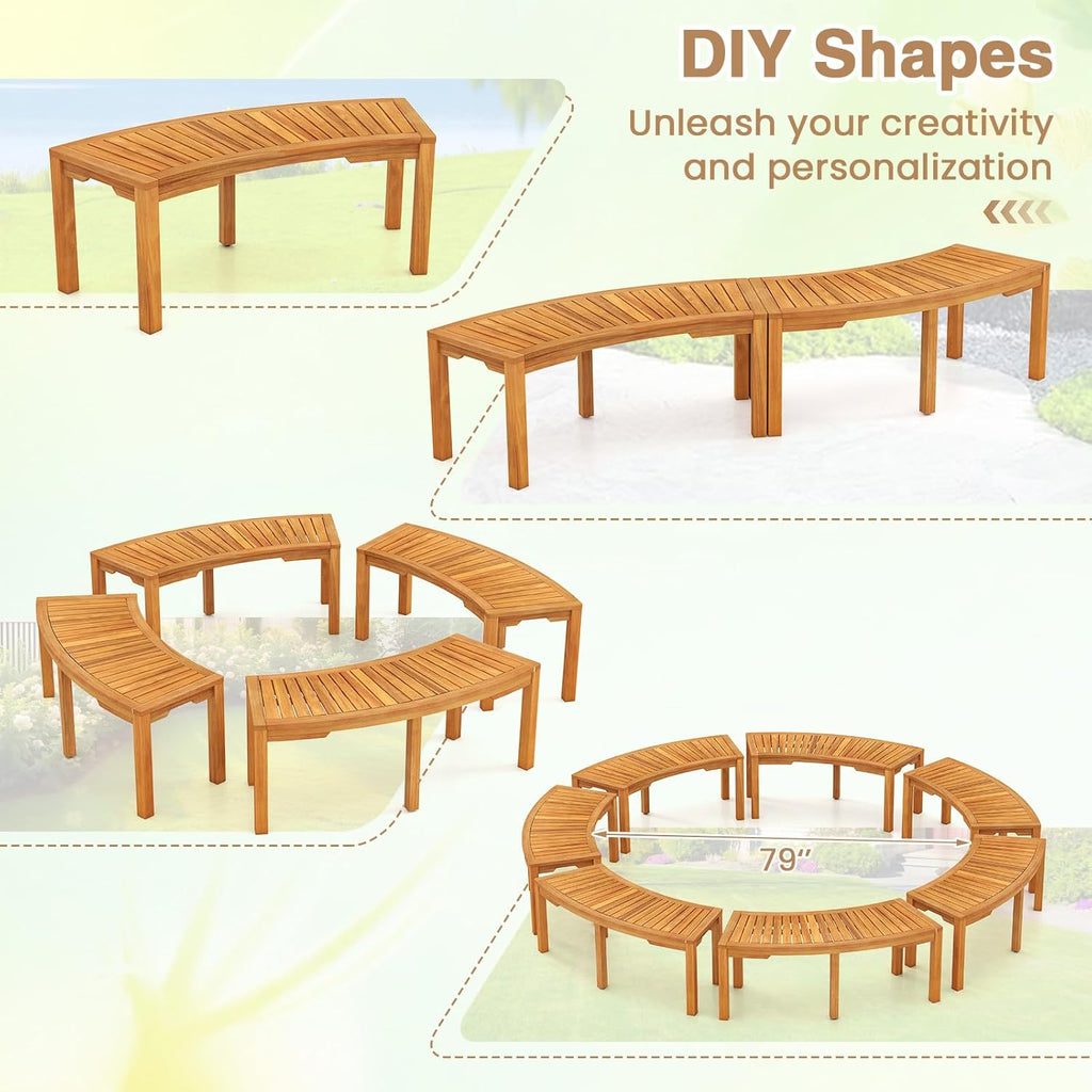 RELAX4LIFE Wooden Outdoor Curved Bench - Acacia Wood Garden Bench w/Slatted Seat, 2-Person Outside Backless Seating for Porch Backyard Deck Park, 800 LBS Load Capacity, Patio Fire Pit Bench (1, 45'')