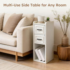 Narrow White Nightstand, Wood Slim Bedside Tables for Small Bedroom, Modern End Table with Drawers, Perfect for Apartments, Rente
