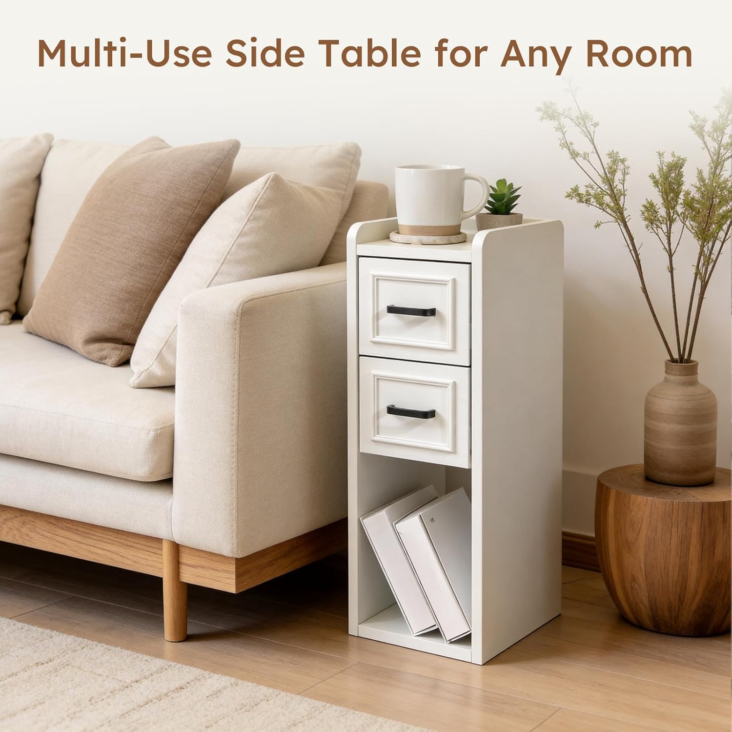 Narrow White Nightstand, Wood Slim Bedside Tables for Small Bedroom, Modern End Table with Drawers, Perfect for Apartments, Rente