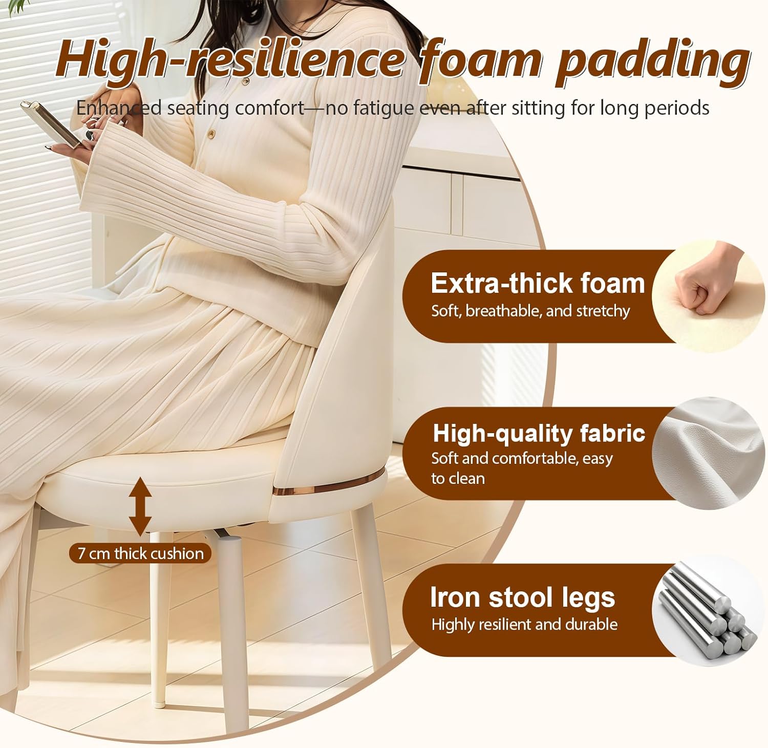 JPBSTO Swivel Vanity Chair No Wheels, Armless Desk Chair with Metal Legs, Single Dining Chair with Ergonomic Back for Bedroom, Office, Dining Room, Beige