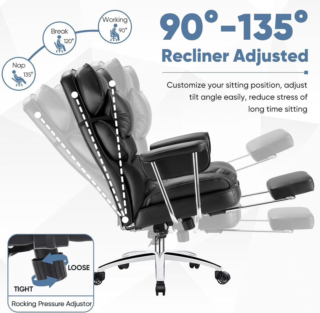 DUMOS Home Office Desk Executive Chair - Ergonomic Big Tall High Back with Footrest & Lumbar Support, Reclining Height Adjustable, Comfy PU Leather Computer Gaming with Swivel Wheels, Black