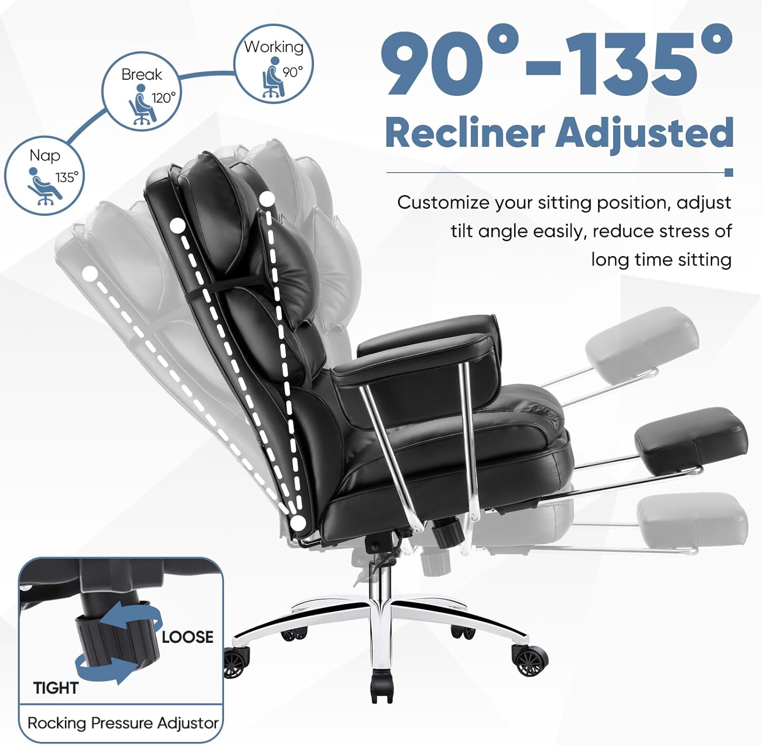 DUMOS Home Office Desk Executive Chair - Ergonomic Big Tall High Back with Footrest & Lumbar Support, Reclining Height Adjustable, Comfy PU Leather Computer Gaming with Swivel Wheels, Black
