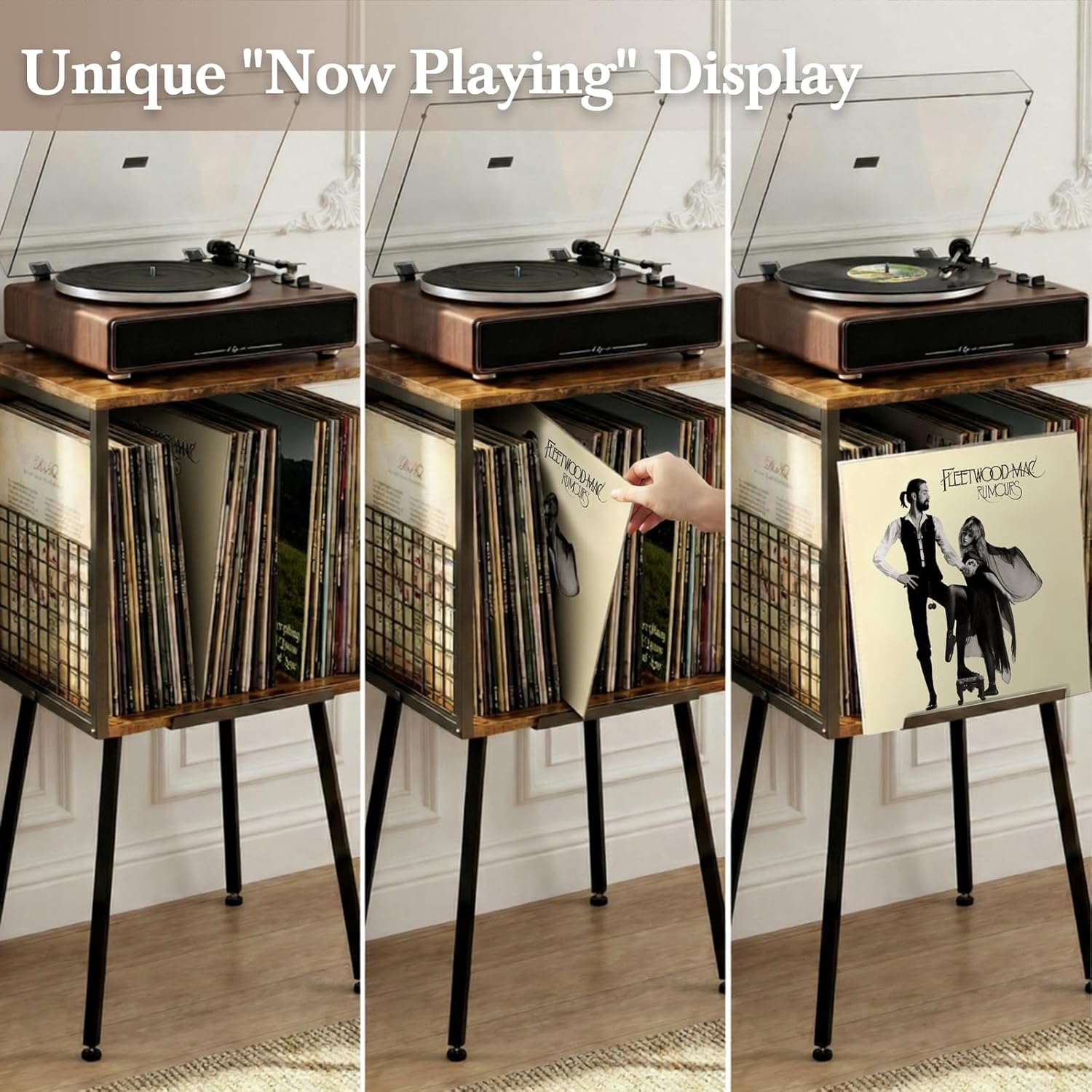 Faesun Record Player Stand with Storage Holds 100+ Vinyl Records, Industrial Turntable Stand with Storage Shelf, LP Album Organizer Cabinet for Small Spaces,Rustic End Table