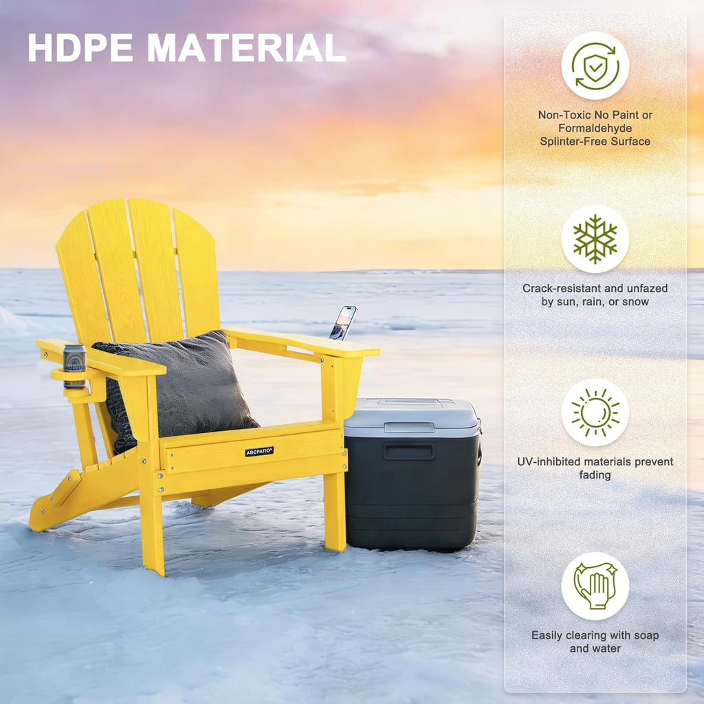 Folding Adirondack Chair with Dual Cup Holders, All-Weather HDPE Patio Chair Deck Chairs Outdoor, Fire Pit Chairs for Garden, Lawn,Backyard, Pool, Yellow (Wood Grain Finish)