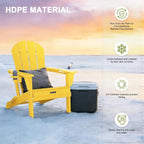 Folding Adirondack Chair with Dual Cup Holders, All-Weather HDPE Patio Chair Deck Chairs Outdoor, Fire Pit Chairs for Garden, Lawn,Backyard, Pool, Yellow (Wood Grain Finish)