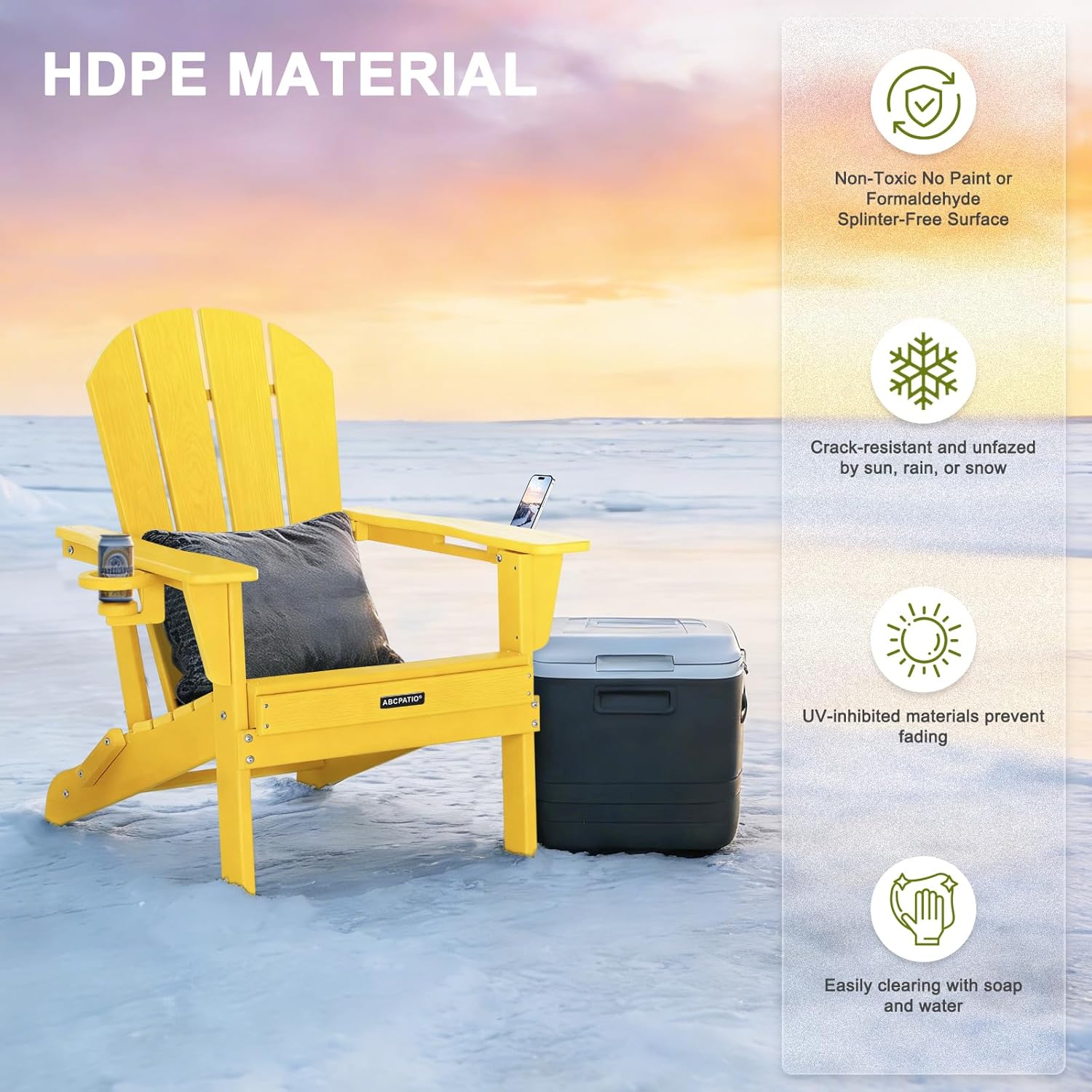 Folding Adirondack Chair with Dual Cup Holders, All-Weather HDPE Patio Chair Deck Chairs Outdoor, Fire Pit Chairs for Garden, Lawn,Backyard, Pool, Yellow (Wood Grain Finish)