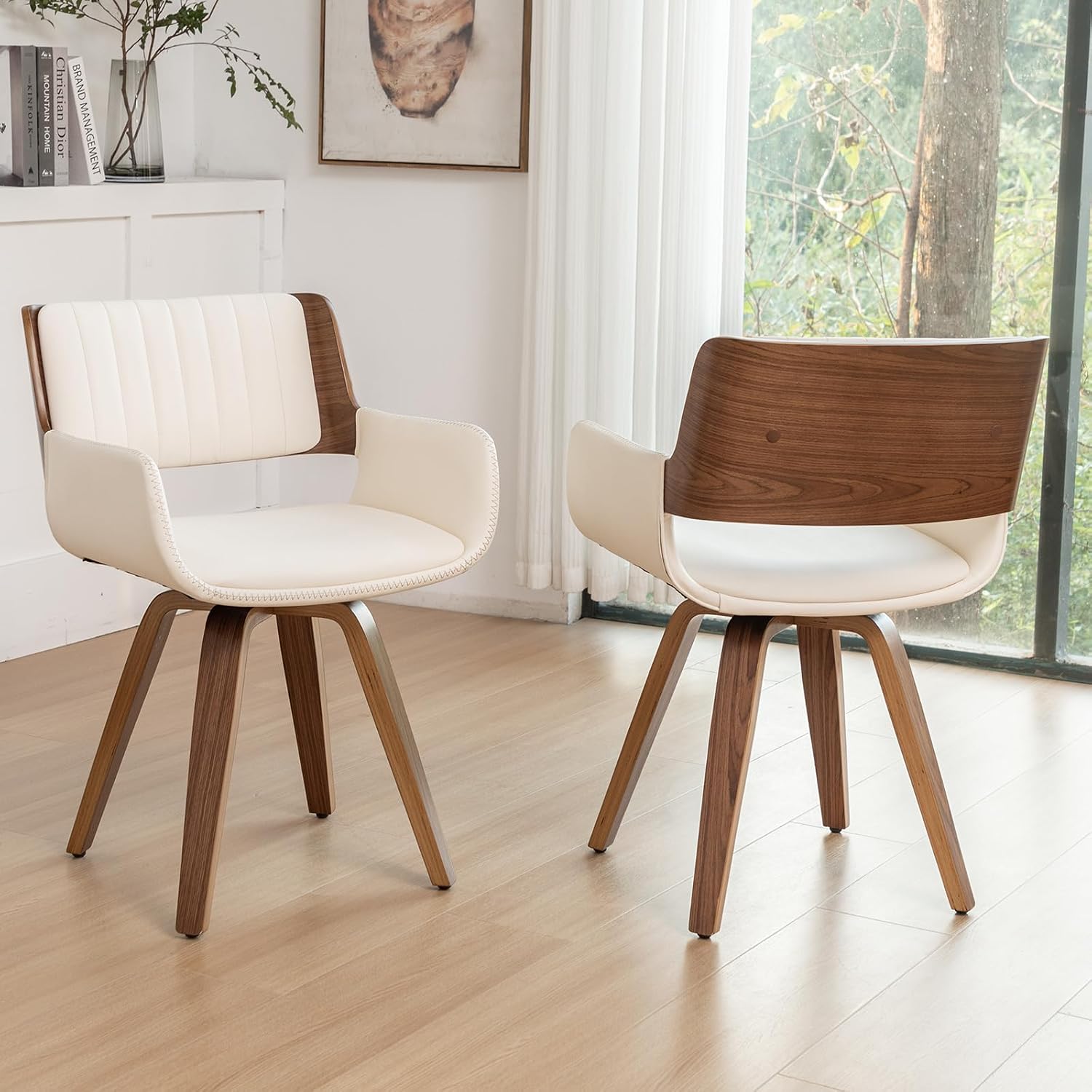 LUNLING Swivel Accent Faux Leather Dining Chairs Set of 4,Mid Century Modern Chairs with Wooden Legs/Armrest/Upholstered Seat/Adjustable Foots for Kitchen Dining Room Desk Chairs,Beige