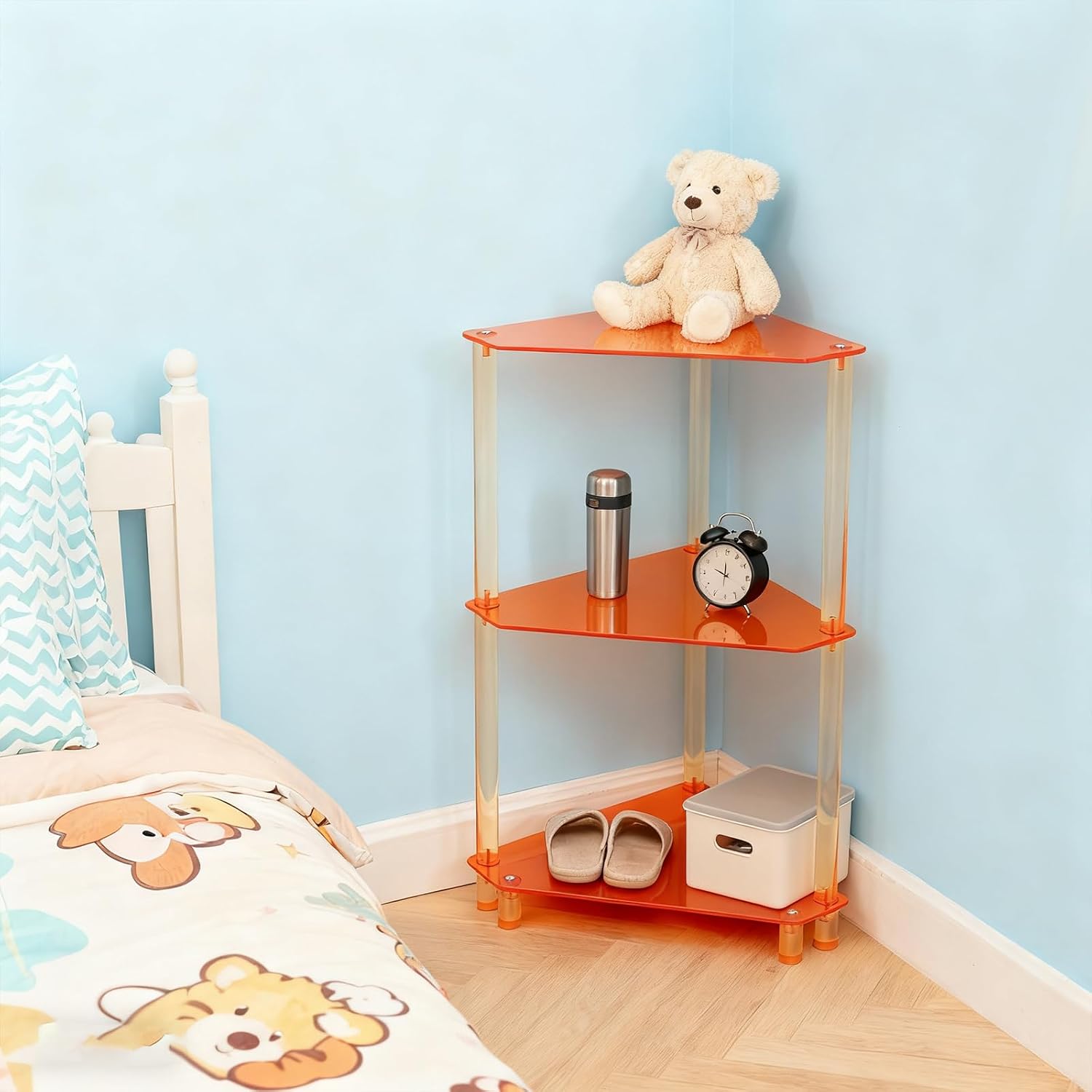 Acrylic Corner Side Table - 3 Tier Triangle End Table - Small Side Table for Living Room, Bedroom, Bathroom - 11.8'' L x 11.8'' W x 26 ''H, Orange
