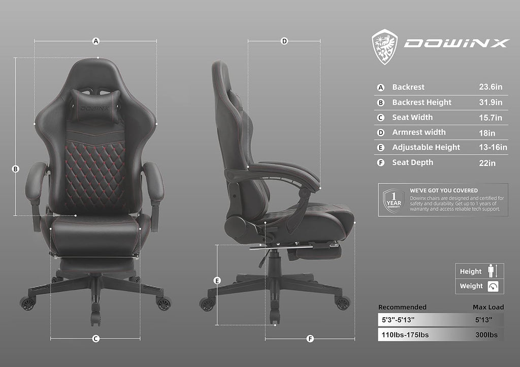 Dowinx Gaming Chair with Massage Lumbar Support, Vintage Style Office Computer Chair PU Leather E-Sports Gamer Chairs with Retractable Footrest and Headrest Black&Red