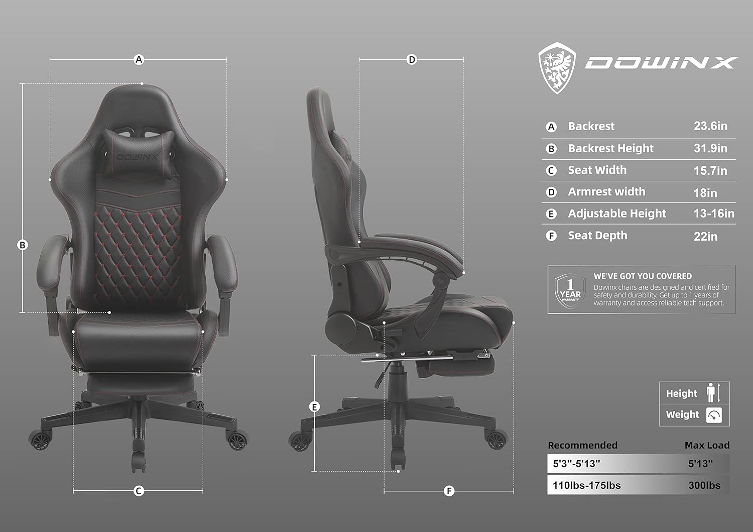 Dowinx Gaming Chair with Massage Lumbar Support, Vintage Style Office Computer Chair PU Leather E-Sports Gamer Chairs with Retractable Footrest and Headrest Black&Red