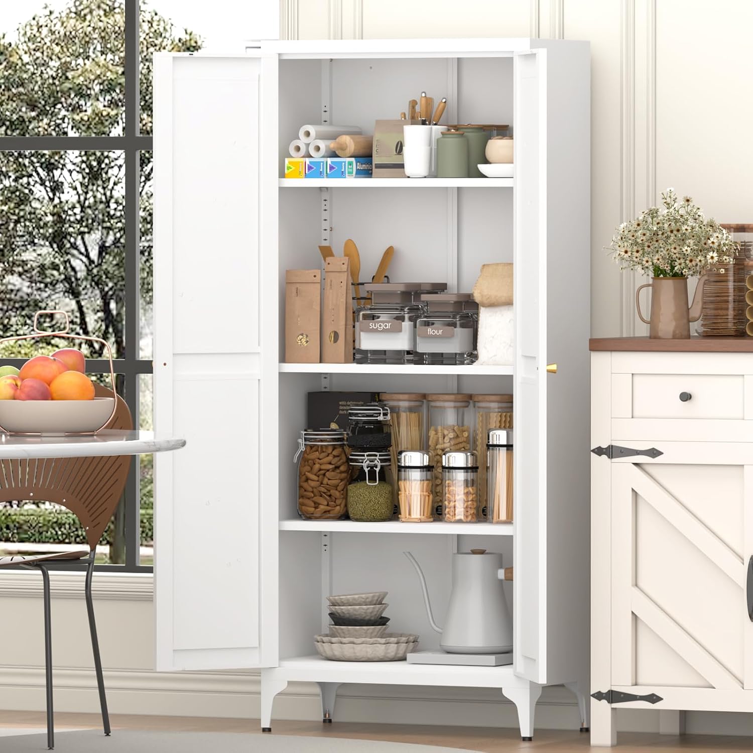 Metal 2 Doors Kitchen Pantry Cabinet with Adjustable Shelves 65 inch Tall Large Steel Cabinet Locker Utility Kitchen Cupboard for Living Room, Dining Room and Office (White)