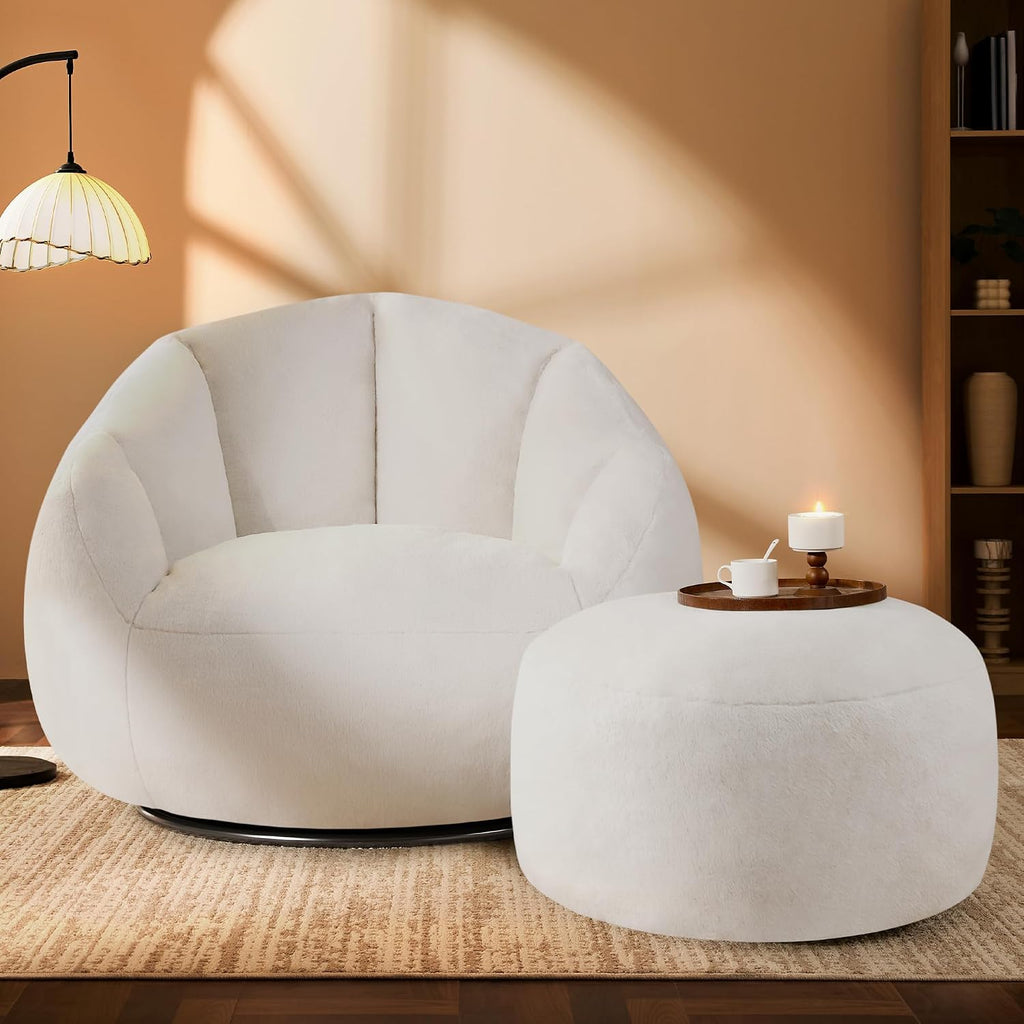 Gericco Swivel Giant Bean Bag Chair for Adults with Ottoman - Comfy Plush Round Shell Soft Accent Chaise Lounge Indoor Chair, Oversized Cozy Floor Sofa for Living Room, Bedroom & Game Rooms, Beige