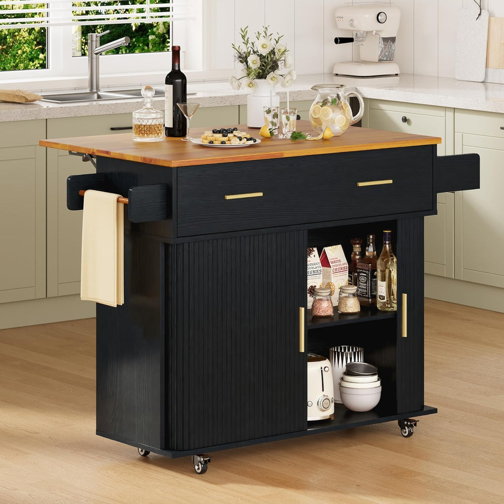 DHH Rolling Kitchen Island with Drop Leaf Countertop&Ample Storage - 39.4" Small Mobile Kitchen Cart On Wheels with Sliding Door,Drawers,Spice Rack & 2-Tier Storage(Black)