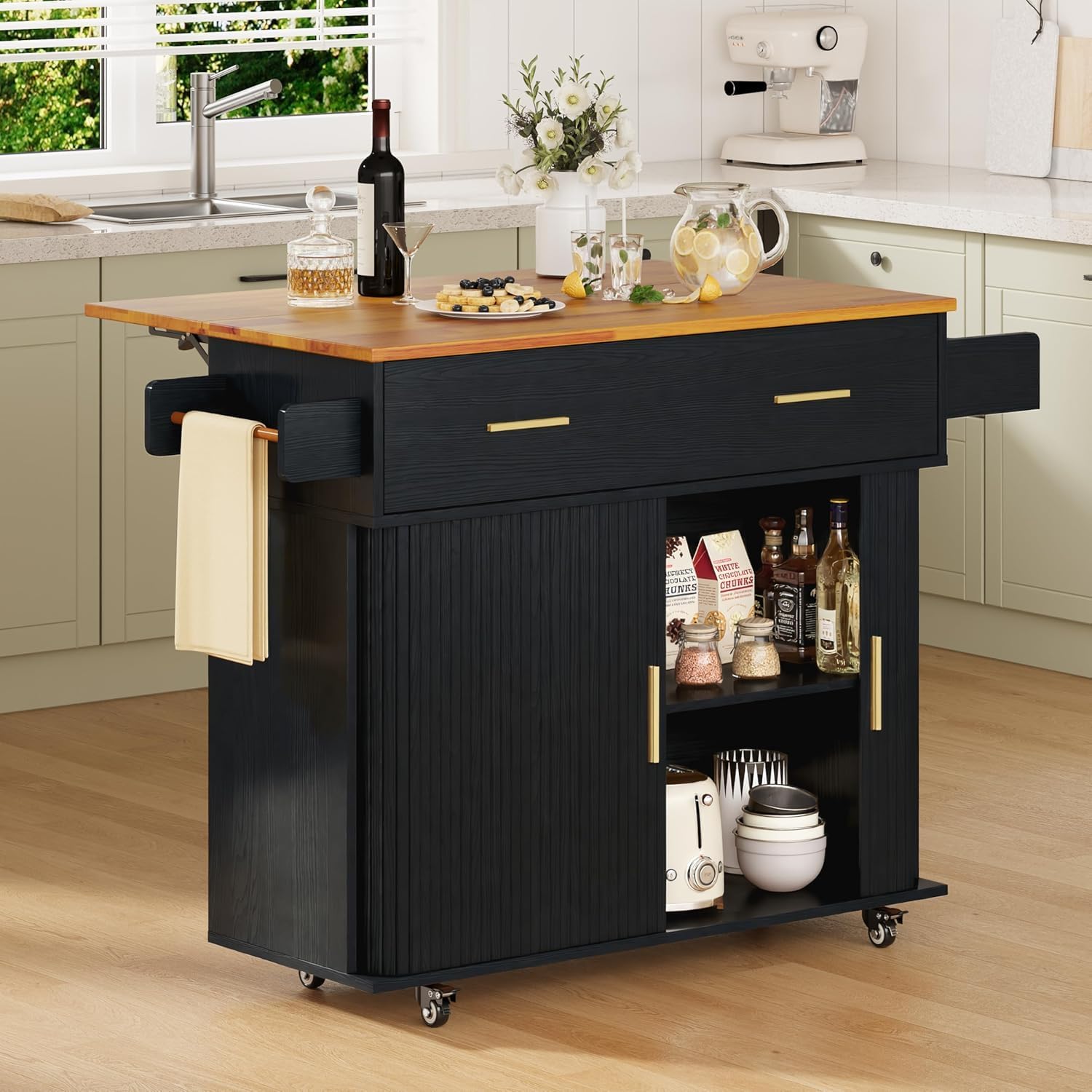 DHH Rolling Kitchen Island with Drop Leaf Countertop&Ample Storage - 39.4" Small Mobile Kitchen Cart On Wheels with Sliding Door,Drawers,Spice Rack & 2-Tier Storage(Black)