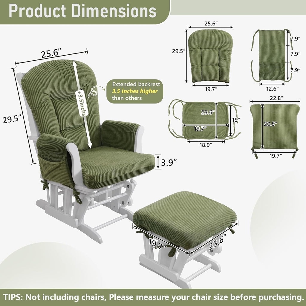 Boshen 5PCS Glider Rocker Replacement Cushions with Storage Side Pockets, Thickened 3.5IN Seat & Supportive Striped Plush Rocking Chair Cushion Set with Ottoman Cover for Indoor Nursery, Green