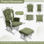Boshen 5PCS Glider Rocker Replacement Cushions with Storage Side Pockets, Thickened 3.5IN Seat & Supportive Striped Plush Rocking Chair Cushion Set with Ottoman Cover for Indoor Nursery, Green