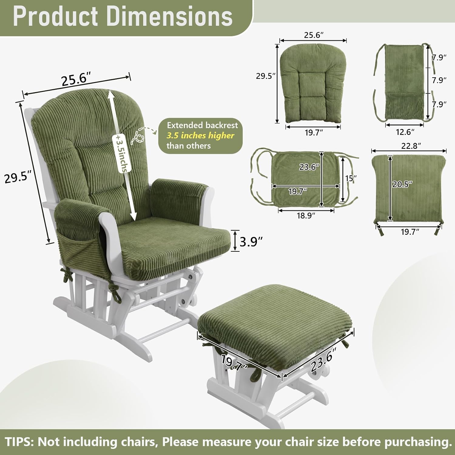 Boshen 5PCS Glider Rocker Replacement Cushions with Storage Side Pockets, Thickened 3.5IN Seat & Supportive Striped Plush Rocking Chair Cushion Set with Ottoman Cover for Indoor Nursery, Green