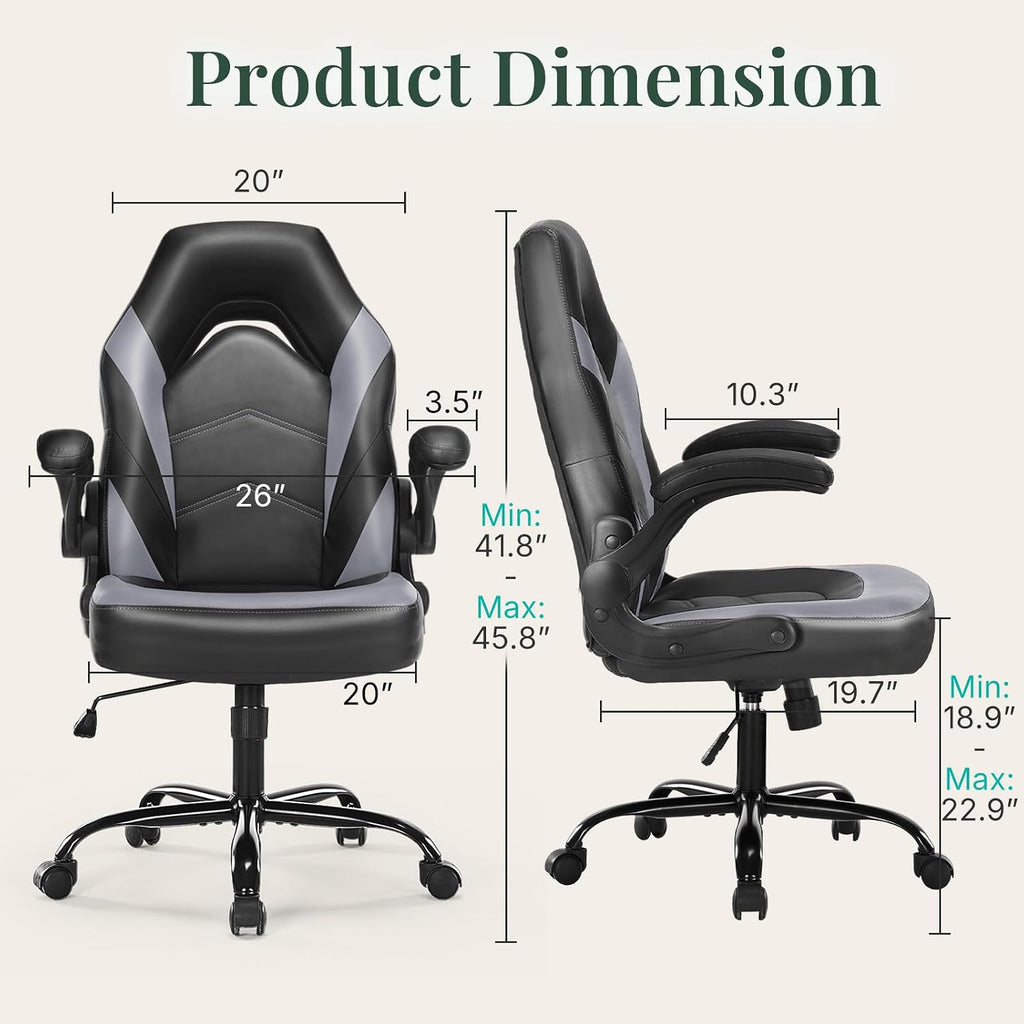 Ergonomic Computer Game Desk Chair - PU Leather Lumbar Support, Height Adjustable High Back Video Game with Flip-up Armrest, Rolling Swivel for Adults, Deep Grey