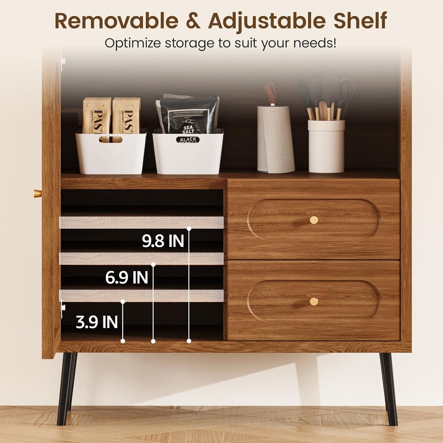 Wood Sideboard Cabinet - Slim Side Board Buffet Cabinet with Storage, Small Accent Credenza with Drawers and Door, Modern Coffee Bar Table for Kitchen, Dining Room, Entryway, Living Room