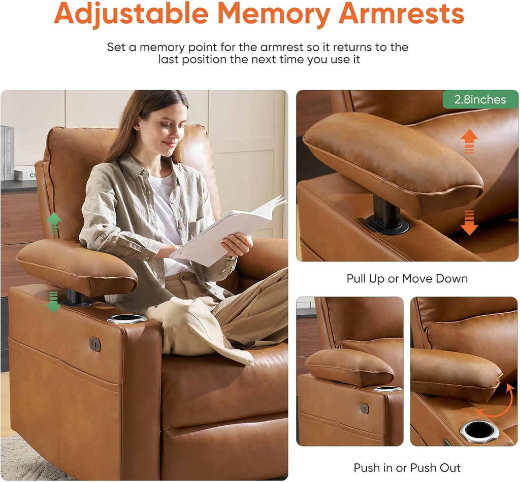 270 Swivel Rocker Recliner with Adjustable Memory Armrests, Oversized Power Nursery Recliner with Heating and Massage, Rocking Chair with One-Touch Reset, Double Cup Holder, Faux Leather, Camel