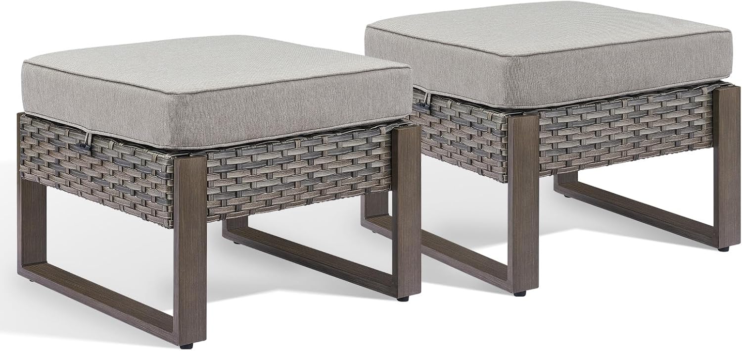 HUMMUH Patio Ottomans Outdoor Foot Rest-All Weather Rattan Outdoor Footstool with Removable Cover Cushions for Deck Porch Garden Balcony Poolside-Grey/Grey