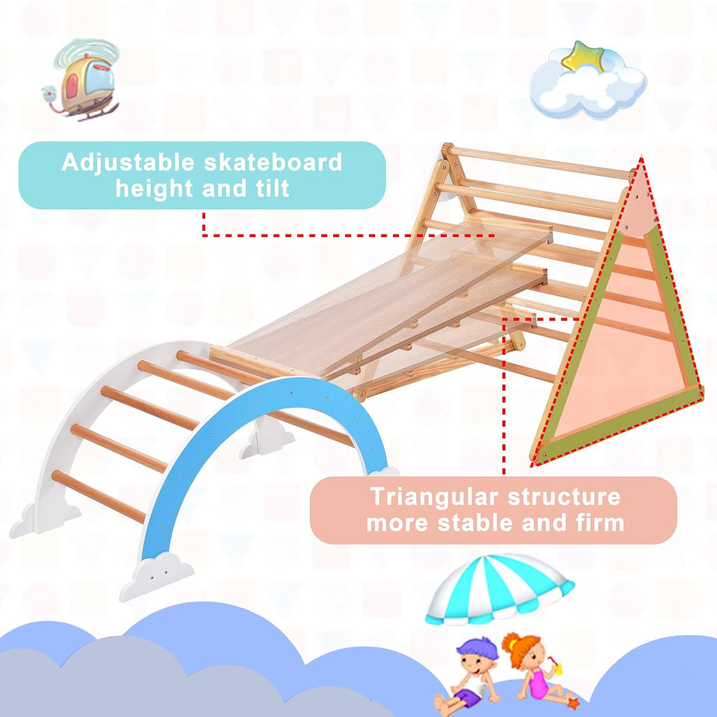 Wooden Climbing Triangle Toys Indoor Arc Climber Jungle with Ramp and Arch Toy Rocker, Reversible Multifunction Playset Natural Wood Playground BD269