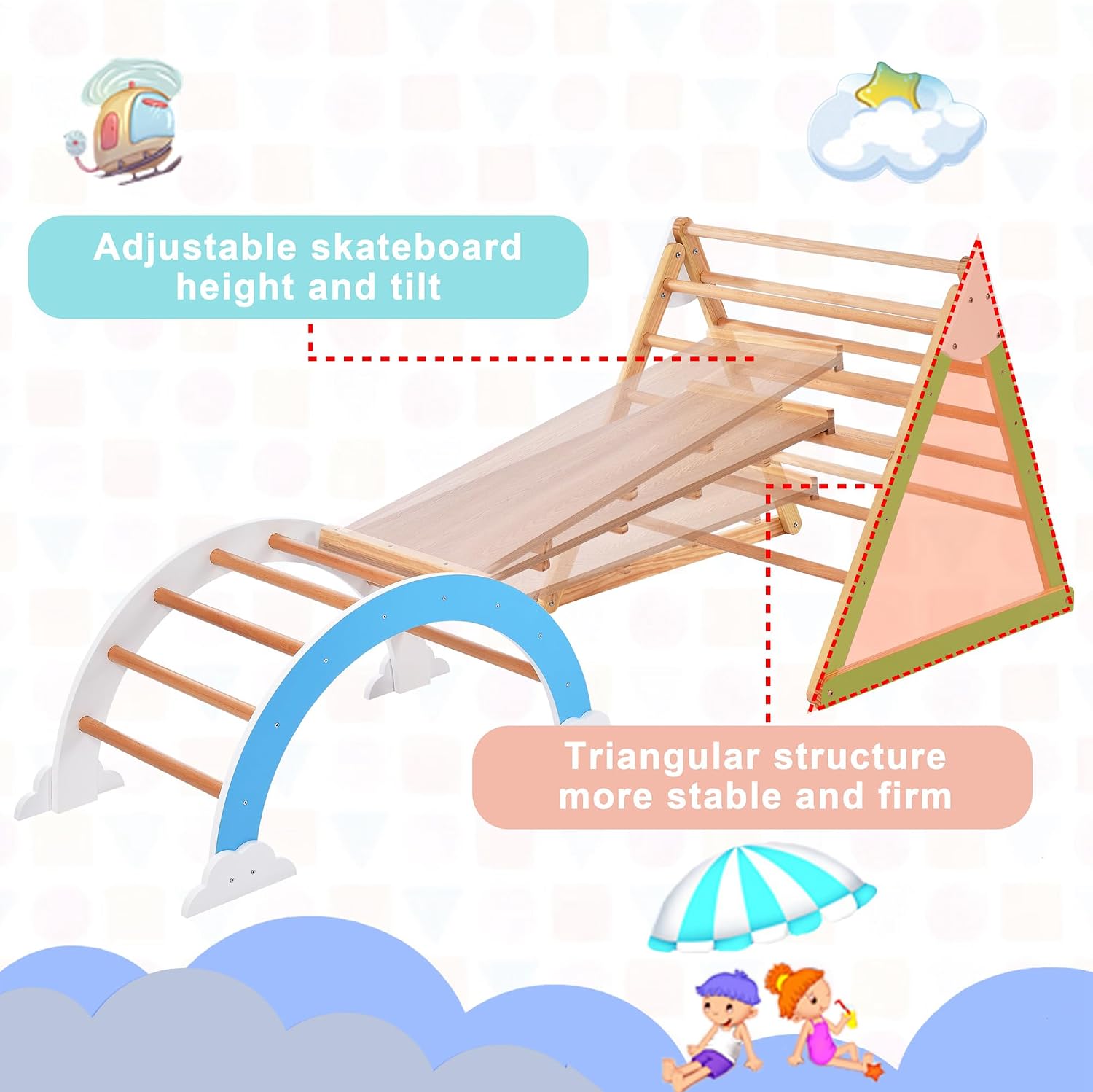 Wooden Climbing Triangle Toys Indoor Arc Climber Jungle with Ramp and Arch Toy Rocker, Reversible Multifunction Playset Natural Wood Playground BD269