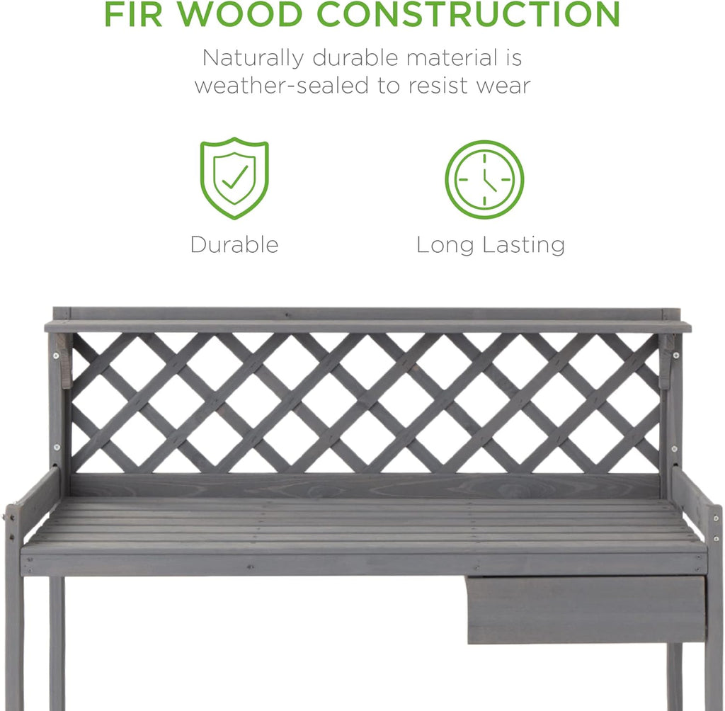 Best Choice Products Outdoor Garden Potting Bench, Wooden Workstation Table w/Cabinet Drawer, Open Shelf, Lower Storage, Lattice Back - Gray