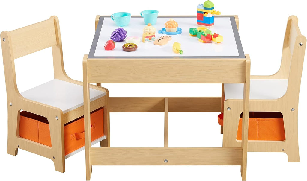 GTOLV Kids Table and Chair Set, 3 in 1 Wooden Activity Table with Storage Drawer for Toddlers Drawing, Reading, Crafts, 2 in 1 Detachable Tabletop Table Set for Nursery, Playroom (Natural)
