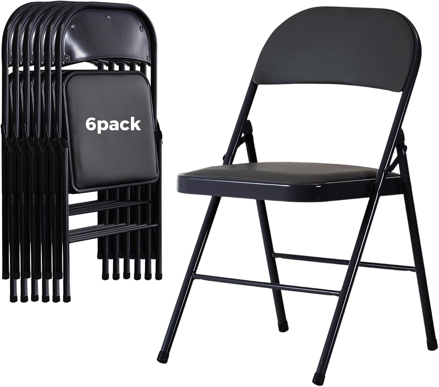 6 Pack Black Folding Chairs with Padded Seats,Portable & Stackable Dining Chairs Sets with Steel Frame, Portable Folding Chairs for Outside, Office Events, Weddings, Pu Leather