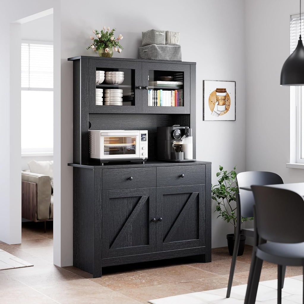 Takywep 63" Kitchen Pantry Cabinet, Freestanding Pantry Hutch Cabinet with Microwave Stand & 2 Drawers, 4 Doors & Adjustable Shelves, Kitchen Storage Cabinets for Kitchen, Dining Room, Black