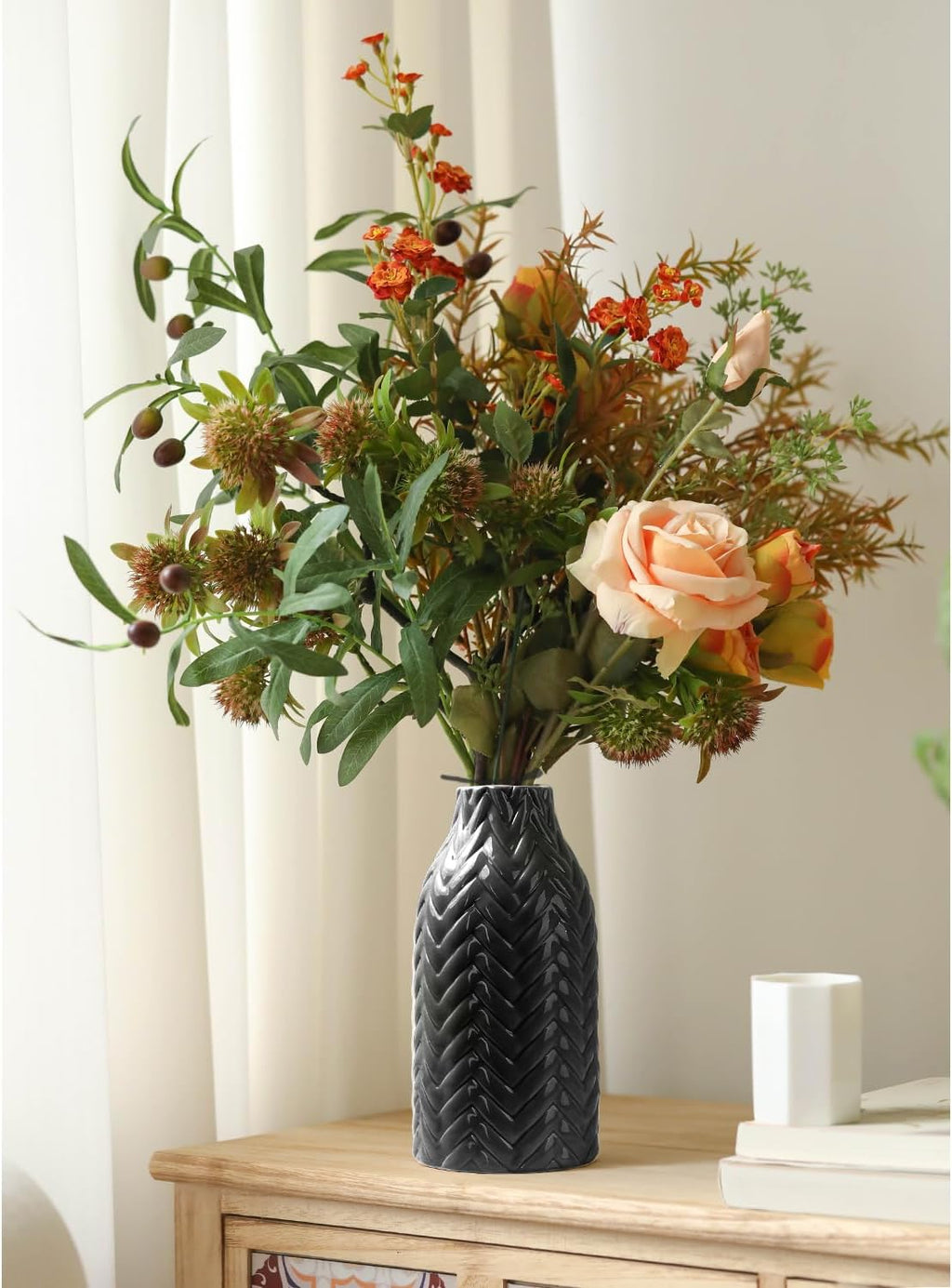 STHIE Black Embossed Ceramic Vase, 8 Inch Decorative Vase for Home Decor, Watertight Vase for Fresh or Dried Flowers, Boho Farmhouse Table Centerpiece