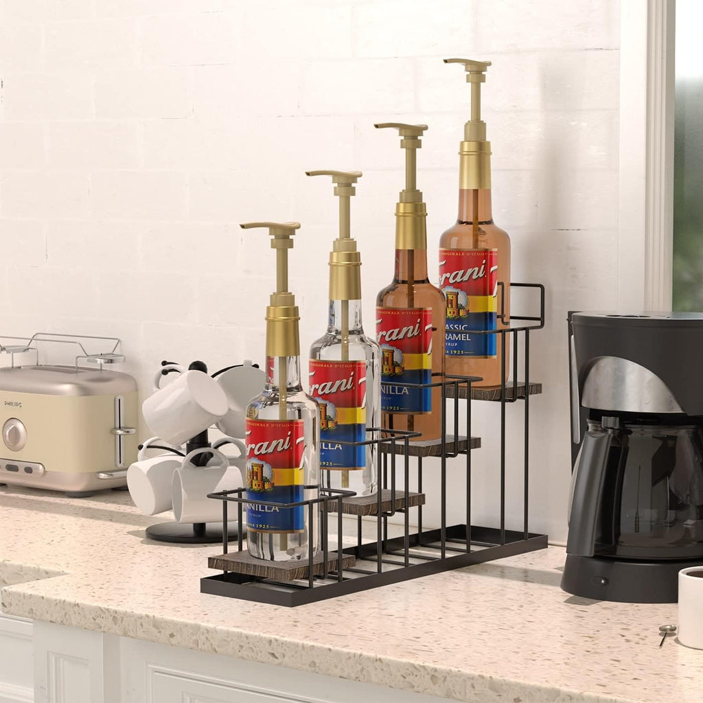 Coffee Syrup Organizer Rack, Rustic Wood and Metal Wire, 4-Tier Display Holder Coffee Station Bar Accessory for Syrup, Wine, Dressing Bottle Countertop Display Storage Stand for Kitchen - MK816A