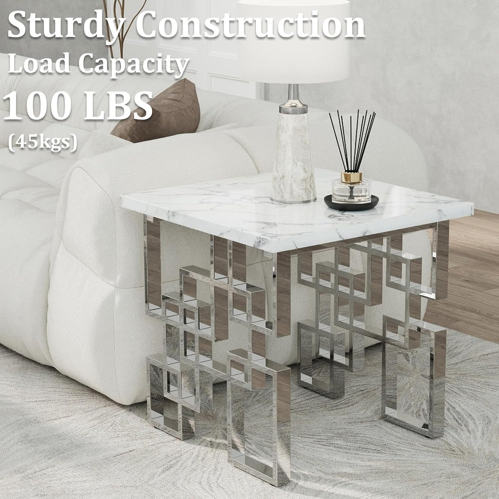AUZ Silver End Table, Modern Square Living Room Side Table with White Faux Marble Top and Mirrored Silver Metal Geometric Base