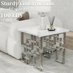AUZ Silver End Table, Modern Square Living Room Side Table with White Faux Marble Top and Mirrored Silver Metal Geometric Base