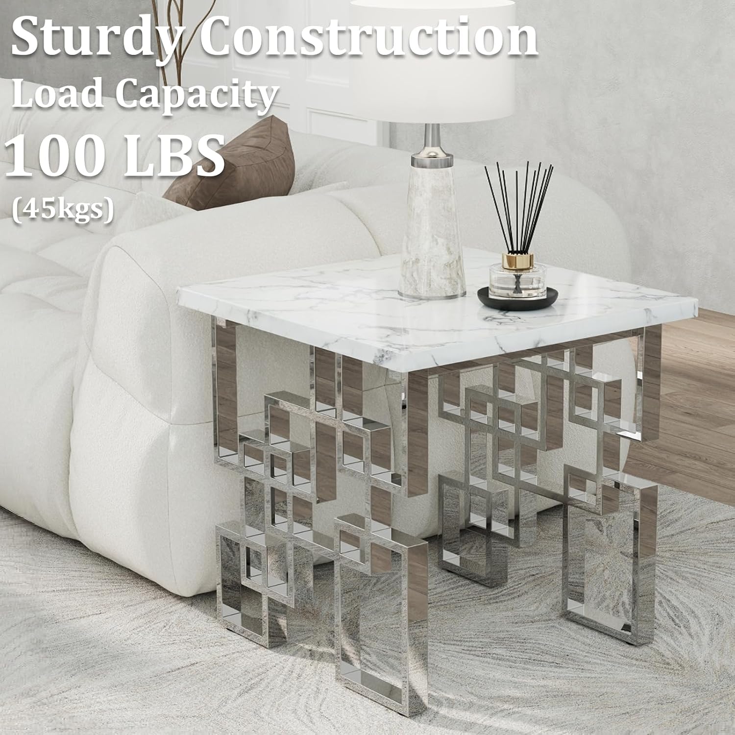AUZ Silver End Table, Modern Square Living Room Side Table with White Faux Marble Top and Mirrored Silver Metal Geometric Base