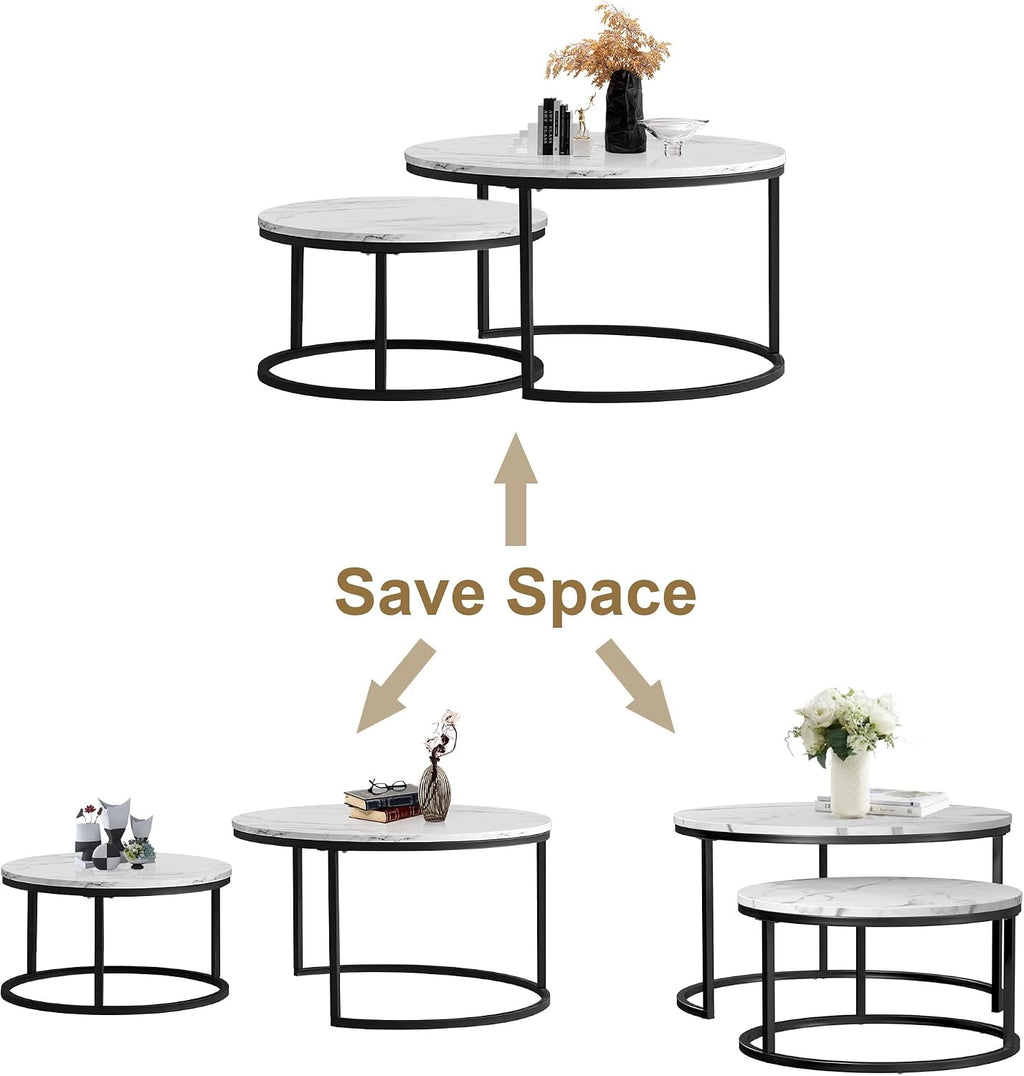 Nesting Coffee Tables Set of 2, 31.5" Round Coffee Table for Living Room, Marble Pattern Wooden Tabletop Black Sturdy Metal Frame Tables, Modern Bedroom Simple Nightstand Balcony Yard