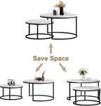 Nesting Coffee Tables Set of 2, 31.5" Round Coffee Table for Living Room, Marble Pattern Wooden Tabletop Black Sturdy Metal Frame Tables, Modern Bedroom Simple Nightstand Balcony Yard