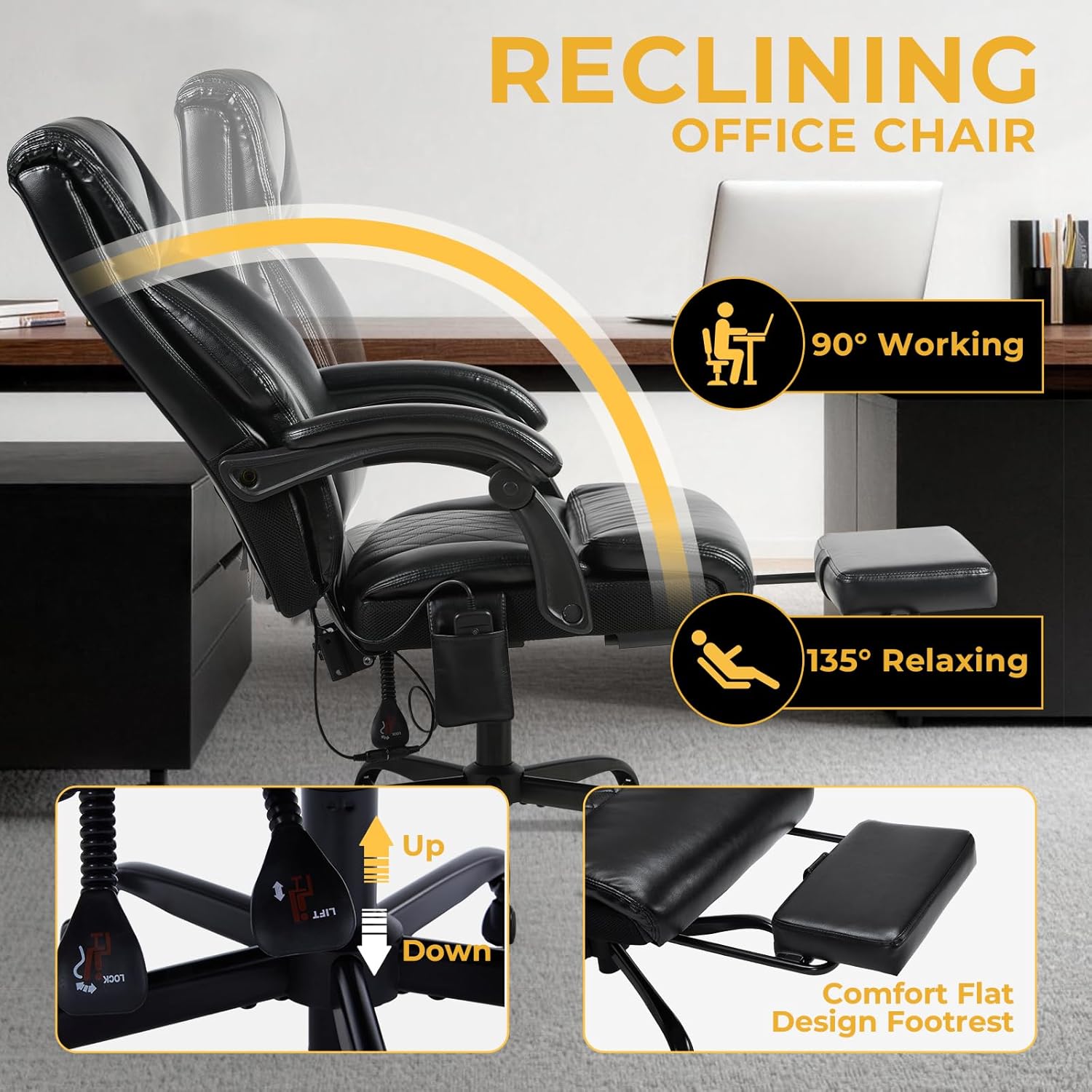 Massage Office Chair with Foot Rest and Heating, Executive Ergonomic Reclining Leather Office Chair, Big and Tall Desk Chair with Vibration Massager, Computer Gaming Chair for Home & Office Black