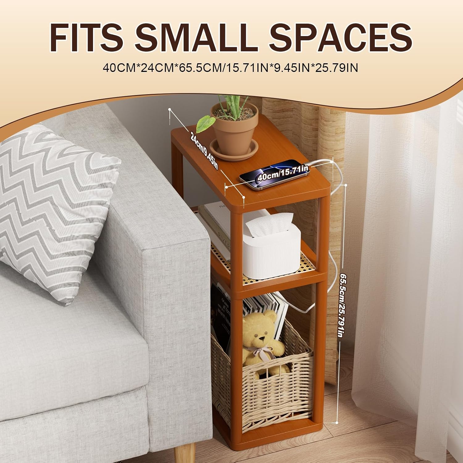 YGYQZ Rattan End Table, 3-Tier Narrow Side Table for Small Spaces, Wood Sofa Side Table Nightstand with Storage Shelves for Living Room Bedroom, Boho Slim Corner Table