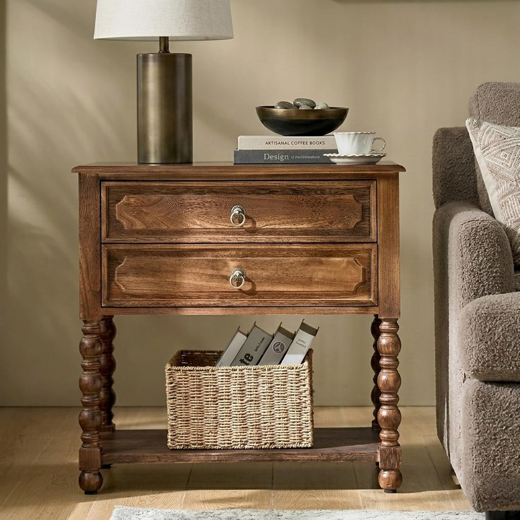 Solid Wood Spindle End Table with Charging Station, Traditional Farmhouse Side Table with 2 Drawers, Living Room Accent Beside Table with Adjustable Feet, Walnut