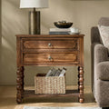 Solid Wood Spindle End Table with Charging Station, Traditional Farmhouse Side Table with 2 Drawers, Living Room Accent Beside Table with Adjustable Feet, Walnut