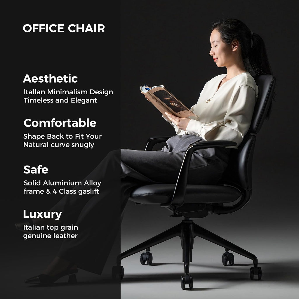 TOMU Genuine Leather Office Desk Chair with Wheels, Ergonomic Leather Executive Chair, Mid Back, Swivel Base with Adjustable Tilt, Modern Style, Luxury Aluminum Frame