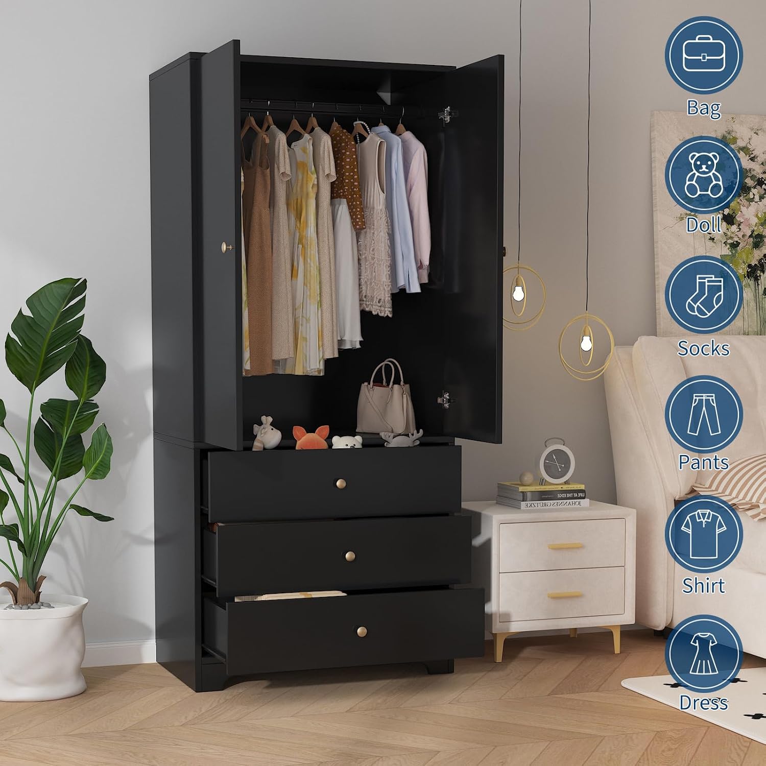 71" Armoire Wardrobe Closet, Bedroom Armoire Clothing Storage Cabinet | 3 Drawers & 2 Doors and Adjustable Shelves Modern Wooden with Aluminum Hanging Rod, Locker