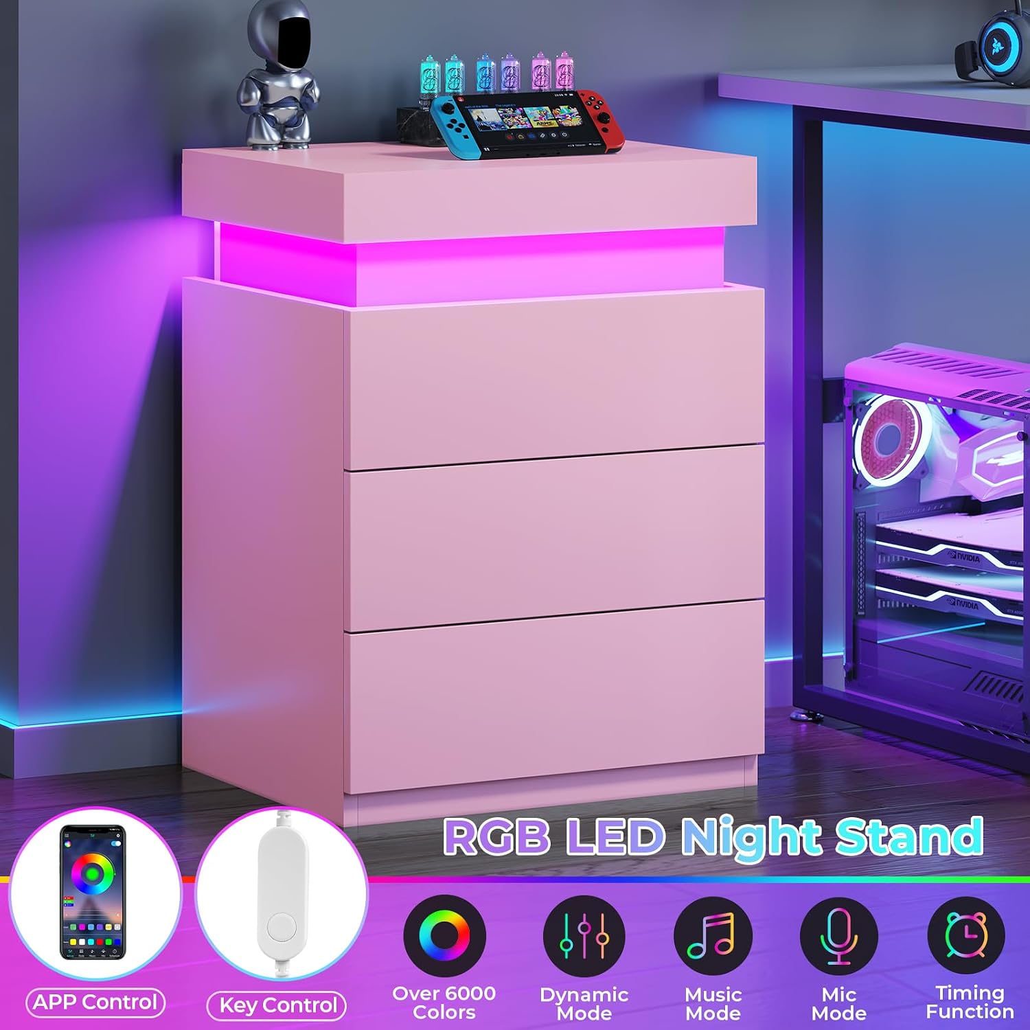 BTHFST LED Pink Nightstands Set of 2 with Charging Station | Nightstand with Sliding Top,Bedside Table with Power Outlets & Drawers,Modern Side Table