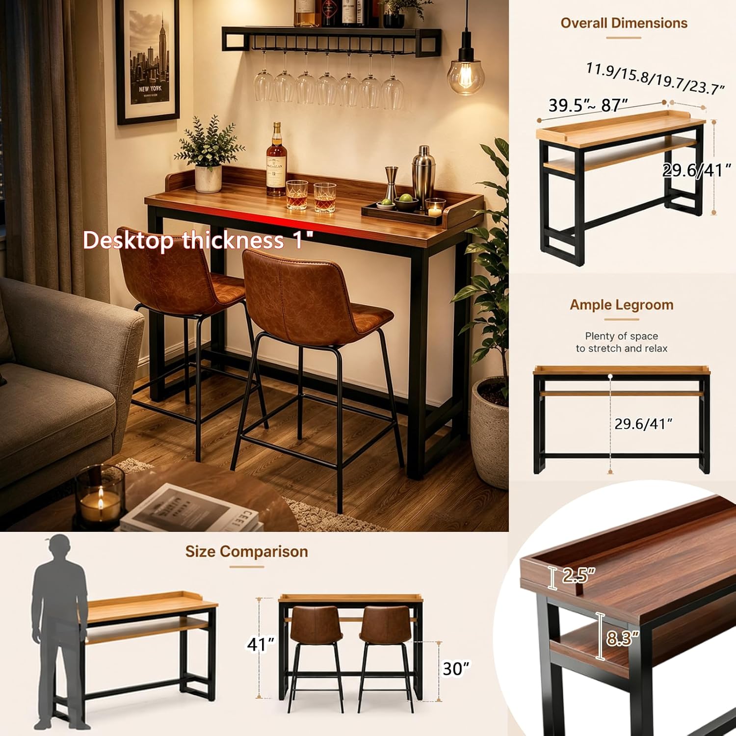 Long Bar Table, 1" Thick Wooden Narrow Pub Height Table with Storage, Farmhouse Counter High Table for Cafe Living Room Bistro White(Single Layer-Guard) 39.5×11.9×41"