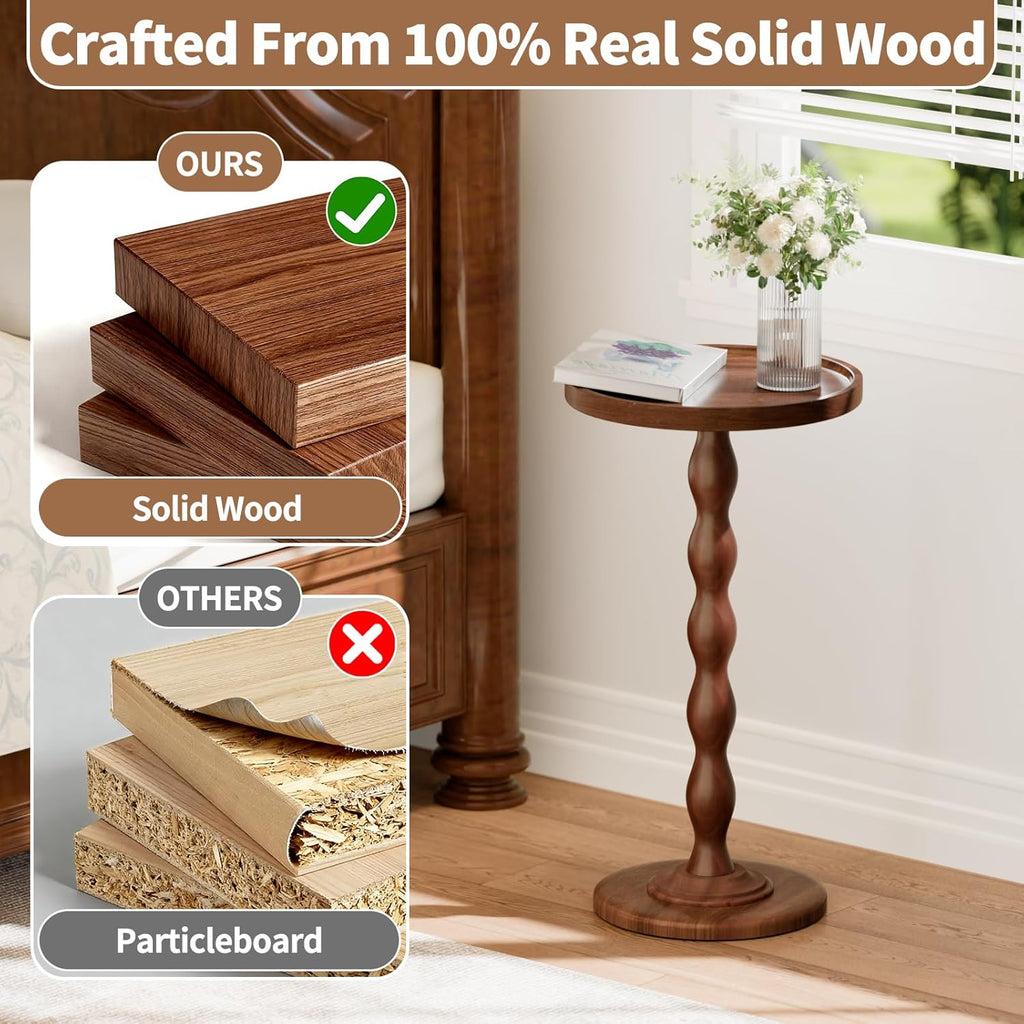 Small Round Side End Table - Solid Wood Accent Drink Table for Living Room, Modern Bedside Coffee Table Nightstand with Pedestal, Vintage Corner Couch Tables for Bedroom Small Spaces, Rustic Brown