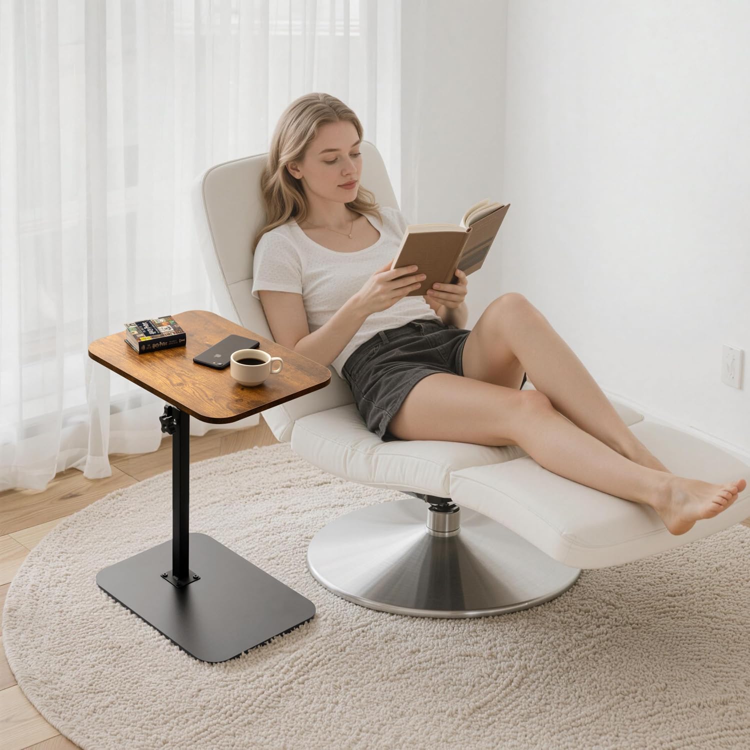 ZEAPTAC C-Shaped Side Table, 360° Swivel Height Adjustable, Lightweight Portable TV Tray Snack End Table for Couch Sofa Bed Small Spaces-Dark Brown Wood