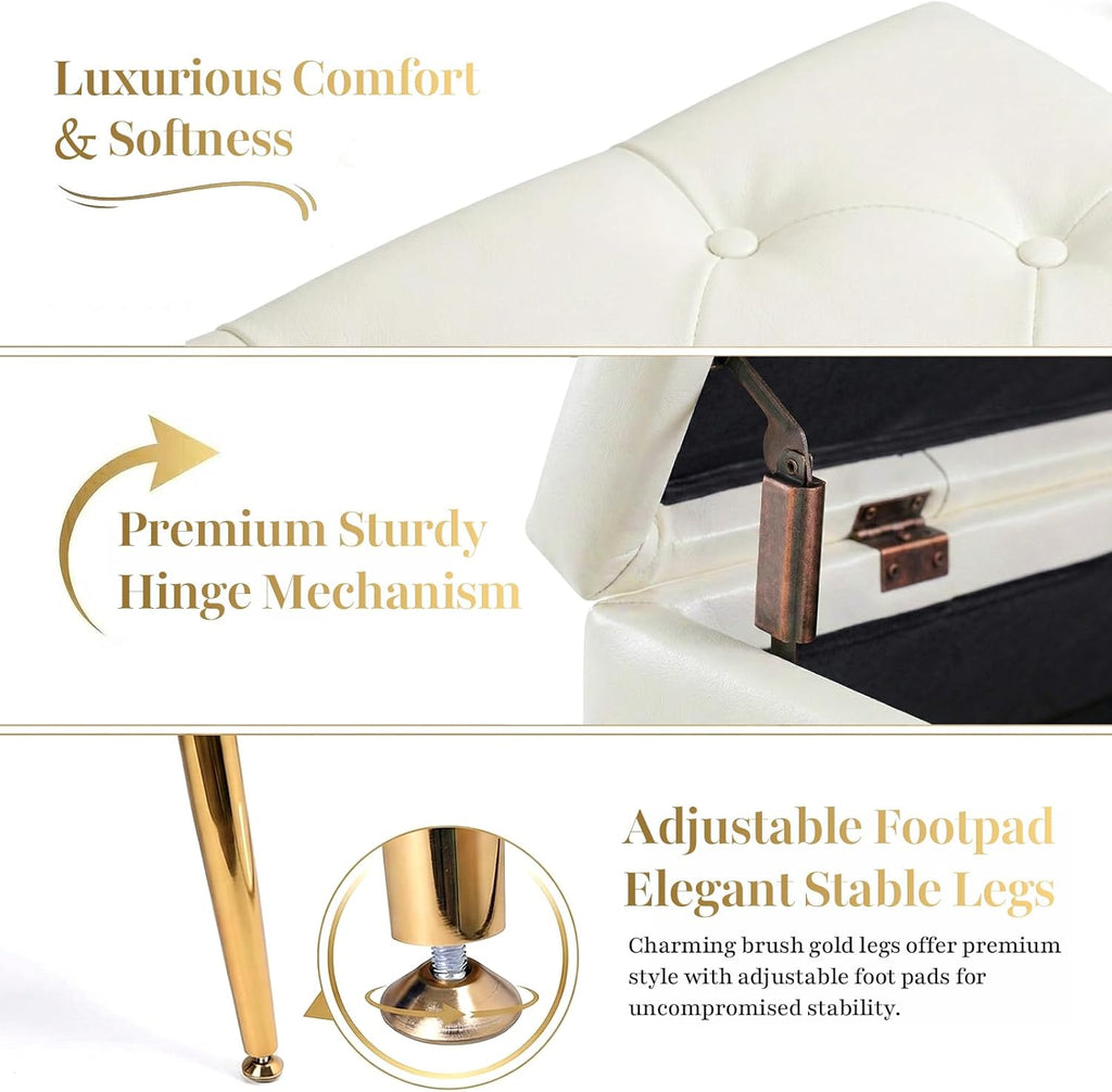 SNOWDROP 40" Upholstered Storage Bench – Ivory White End of Bed Bench with Gold Metal Legs, Button-Tufted Modern Faux Leather Ottoman Bench for Bedroom, Entryway & Living Room