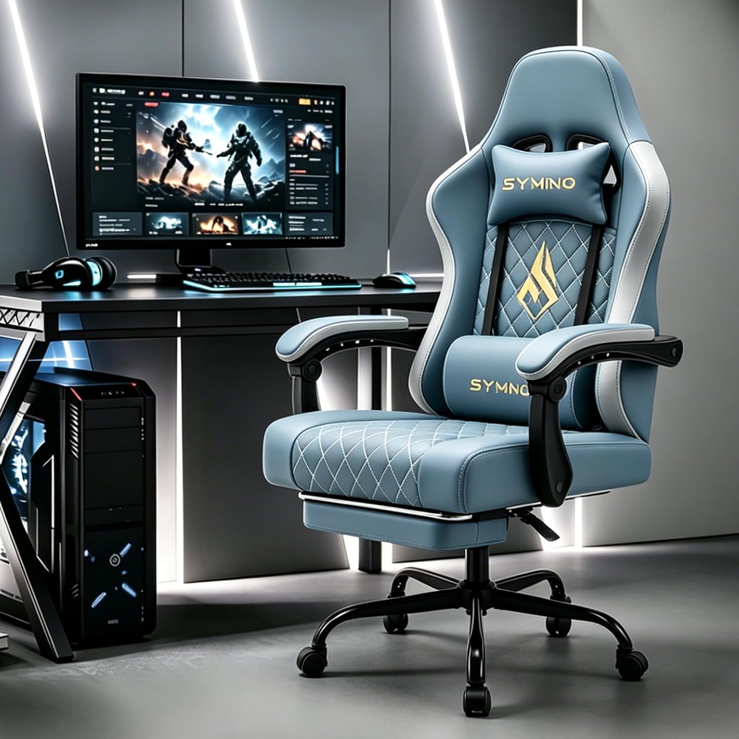 Symino Gaming Chair with Footrest, Linkage Armrests & 10cm Thick Seat, PU Leather Ergonomic Computer Chair, 150° Recline Office Chair, Light Blue